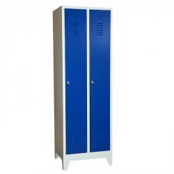 Stahl-Kleiderspind - lichtgrau mit blauen Türen - Abteilbreite 30 cm - Gesamt 60 cm breit - 2 Abteile  - mit Füssen - Lieferzeit ca. 2-3 Wochen !